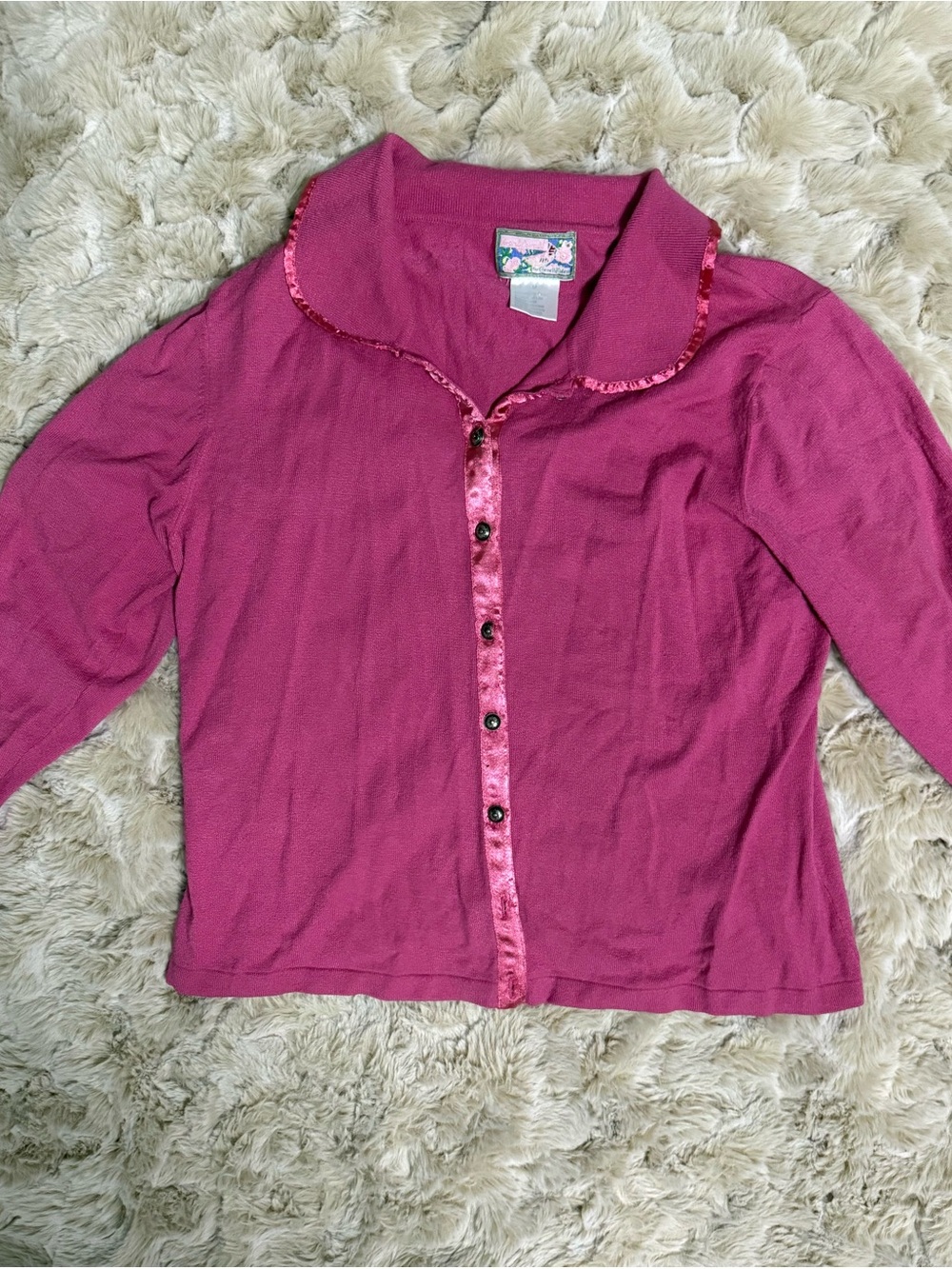 Vintage 90s April Cornell Fuchsia Button-Up Cardigan with Satin Trim